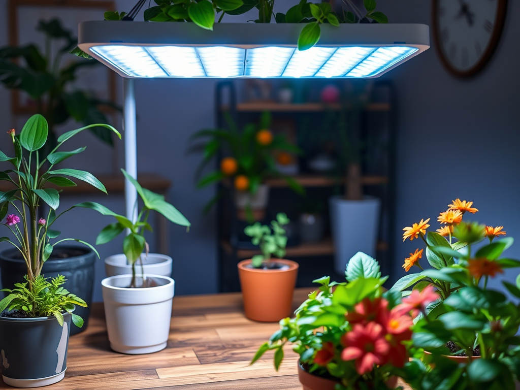 A bright indoor garden with various potted plants under a grow light, creating a vibrant and healthy atmosphere.