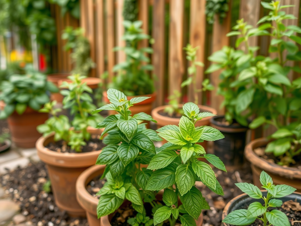 A lush garden featuring various green plants in terracotta pots against a wooden backdrop.