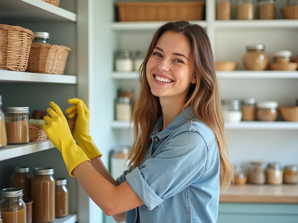 Happy young woman in yellow gloves organizing pantry shelves.