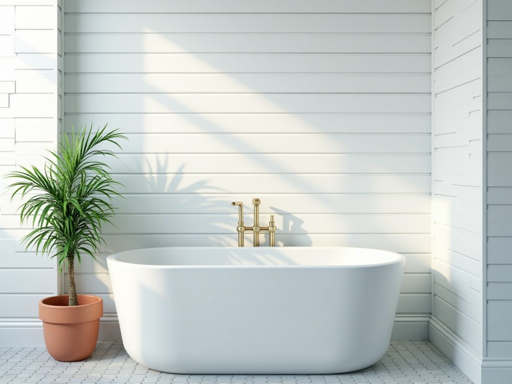 Freestanding white bathtub in a bright, tiled bathroom with a potted palm plant beside it.