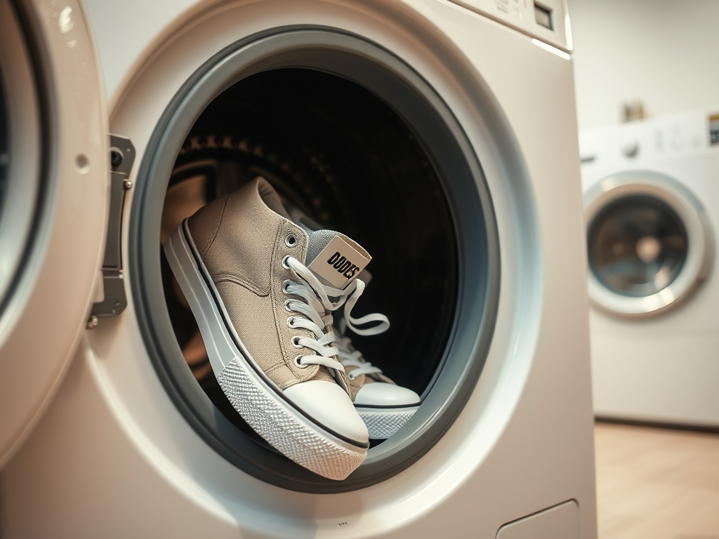 A pair of beige sneakers is placed inside a washing machine drum. Other machines are visible in the background.