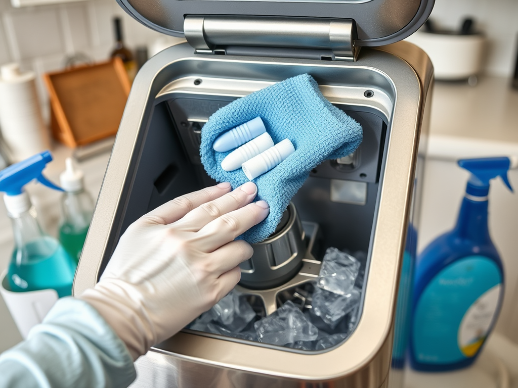 A gloved hand cleans an ice maker using a blue cloth, surrounded by cleaning supplies and ice cubes.