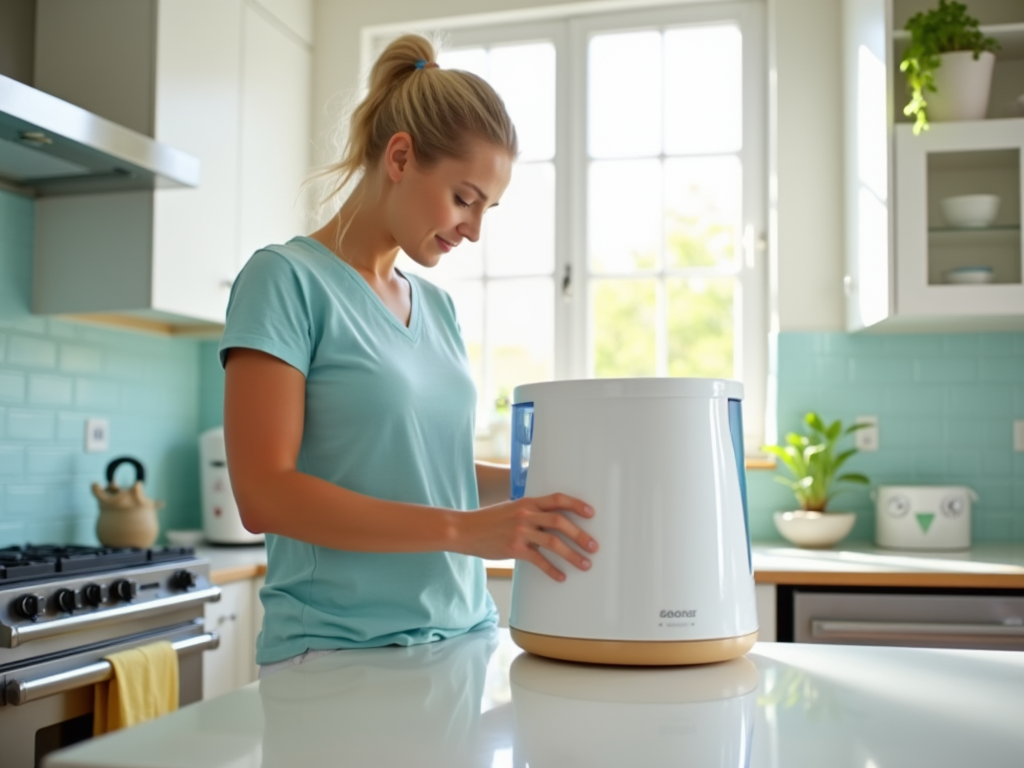 Woman in teal shirt operates a white air purifier in a sunny, modern kitchen.