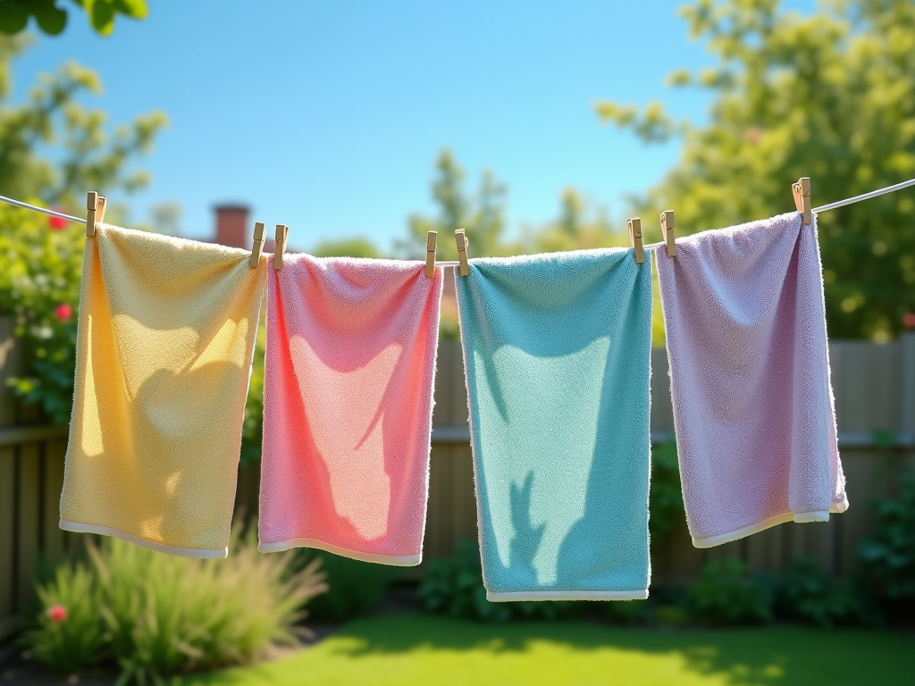 Four colorful bath towels hanging on a clothesline in a sunny garden.