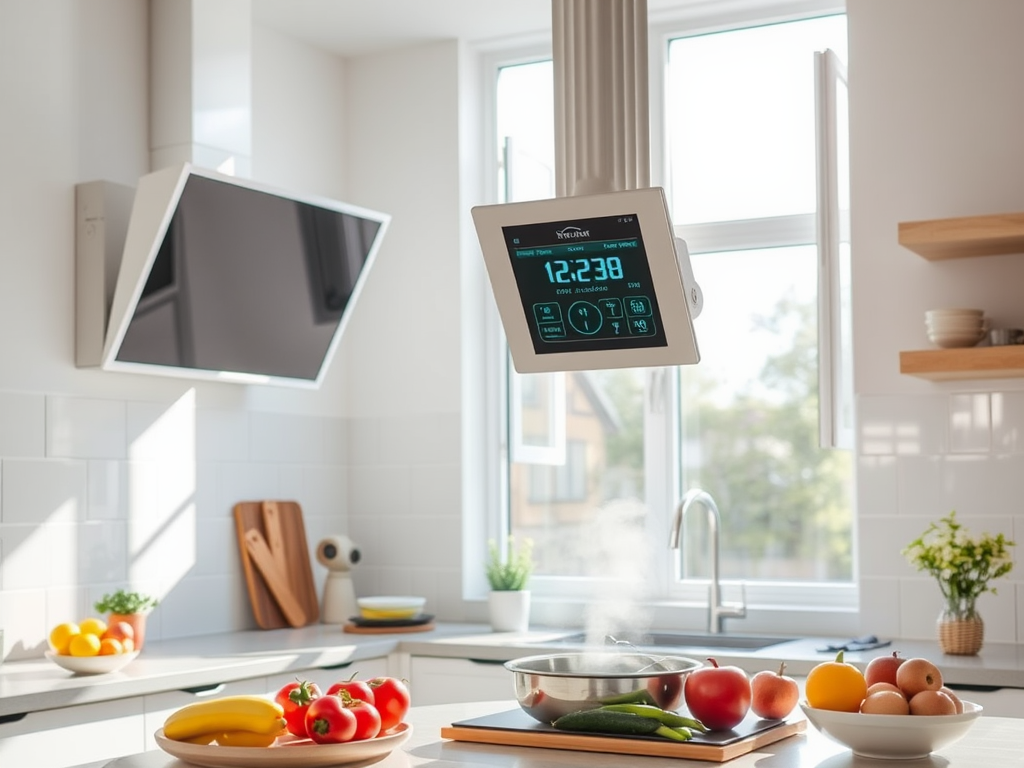 A modern kitchen with a digital display, fresh vegetables, fruits, and a pot simmering on the stove.