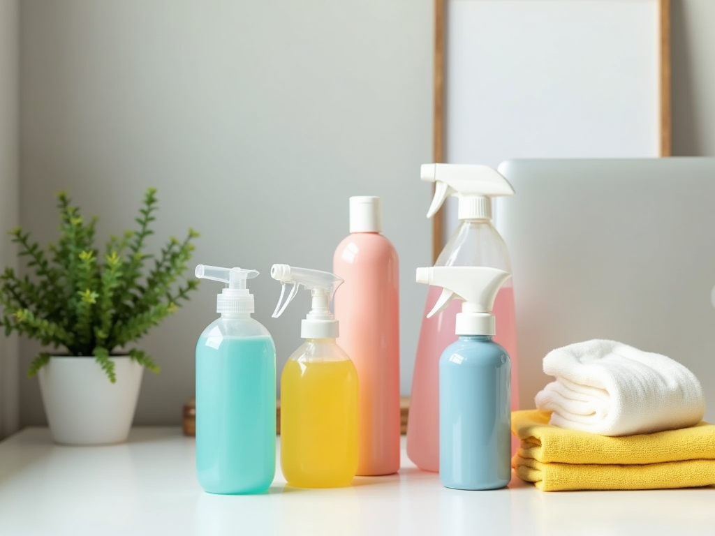 Colorful cleaning product bottles on a table with towels and a plant in the background.