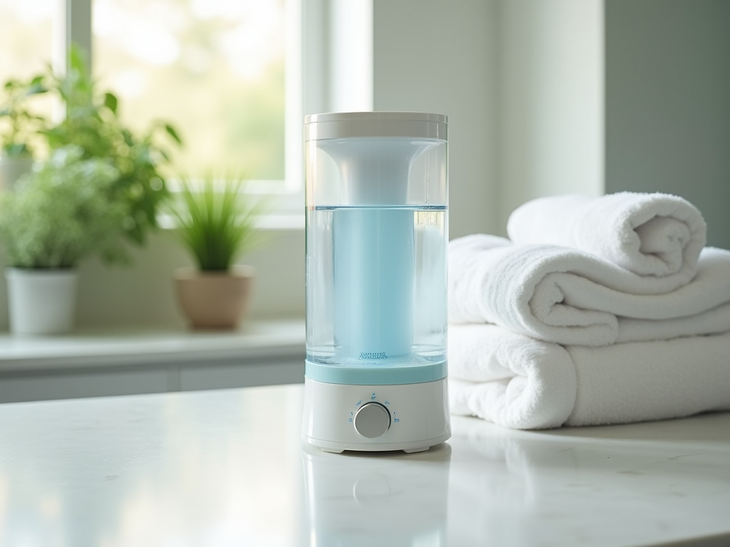 Water distiller on a kitchen counter with white towels and potted plants by a sunny window.