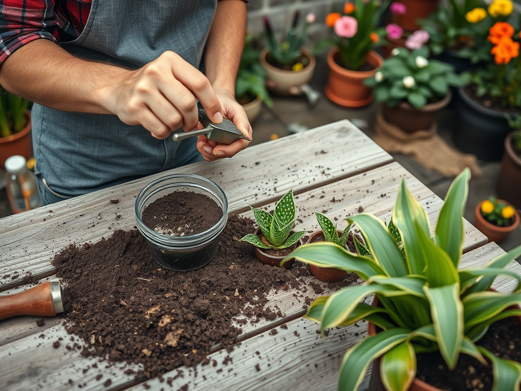 A person is repotting a plant, using a small tool, with soil and other plants on a wooden table.