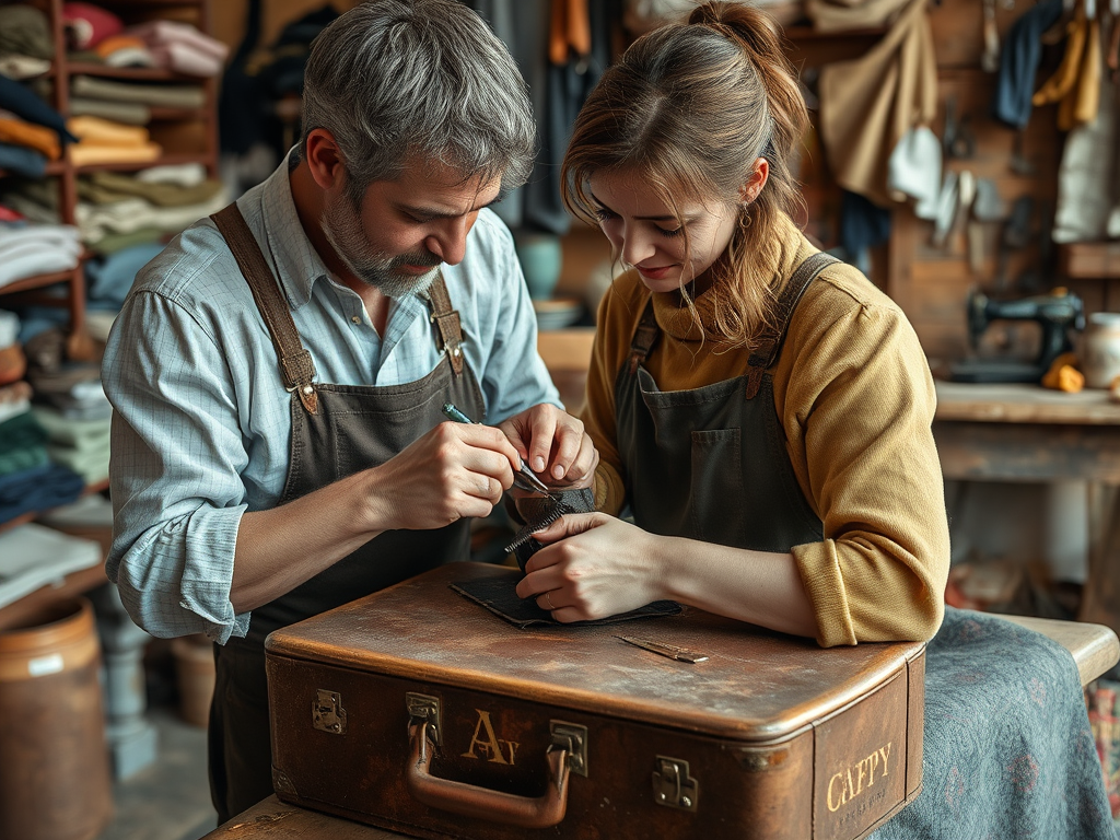 A man and a woman work together on a craft project in a well-organized workshop filled with textiles.