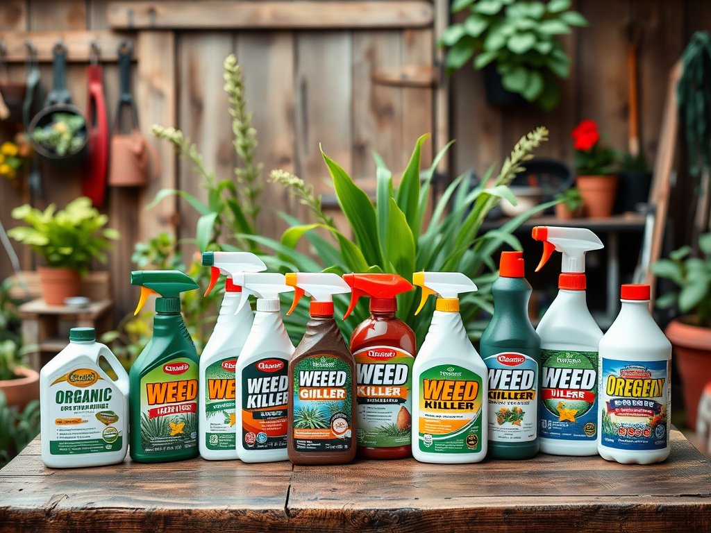 A variety of weed killer products displayed in a garden setting, with a wooden table and plant background.