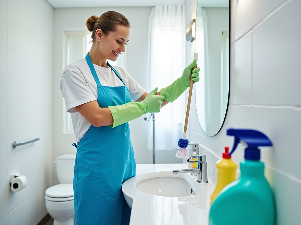 Woman in blue apron and green gloves happily cleaning bathroom with brush.