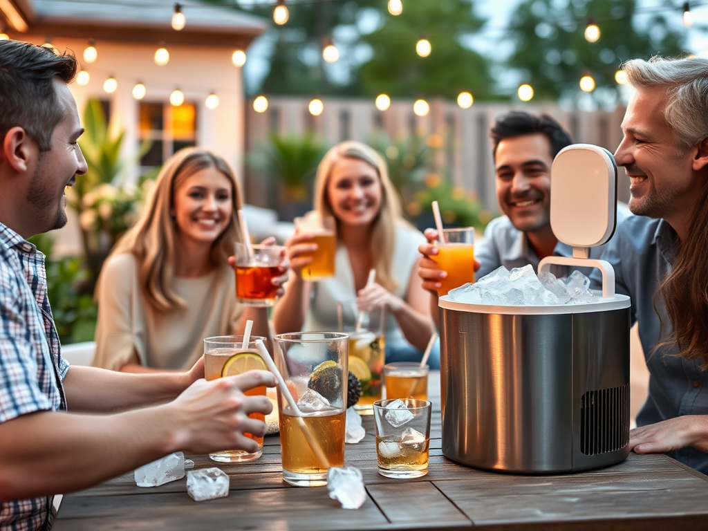 A group of friends enjoying drinks and laughter outdoors, with a portable ice maker on the table.