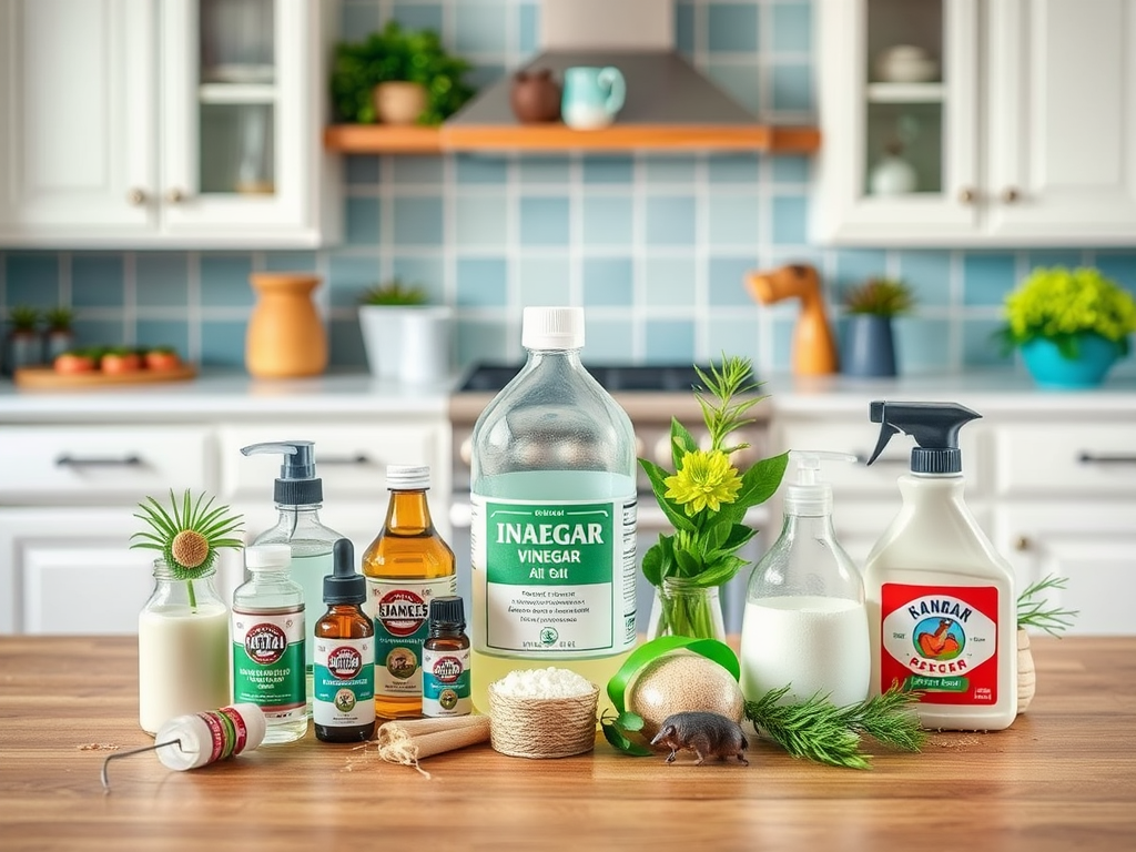 A variety of cleaning and cooking products arranged on a kitchen countertop, including vinegar, oils, and milk.