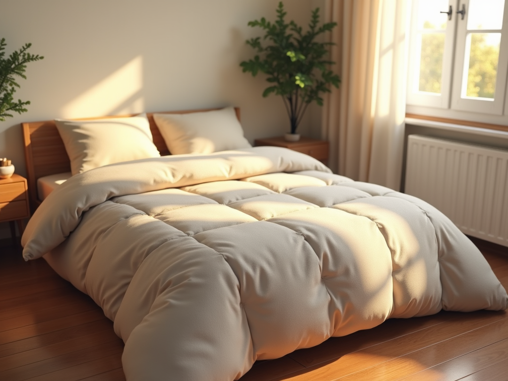 Sunny bedroom with a plush bed, soft pillows, and a cozy duvet near a window with plants.