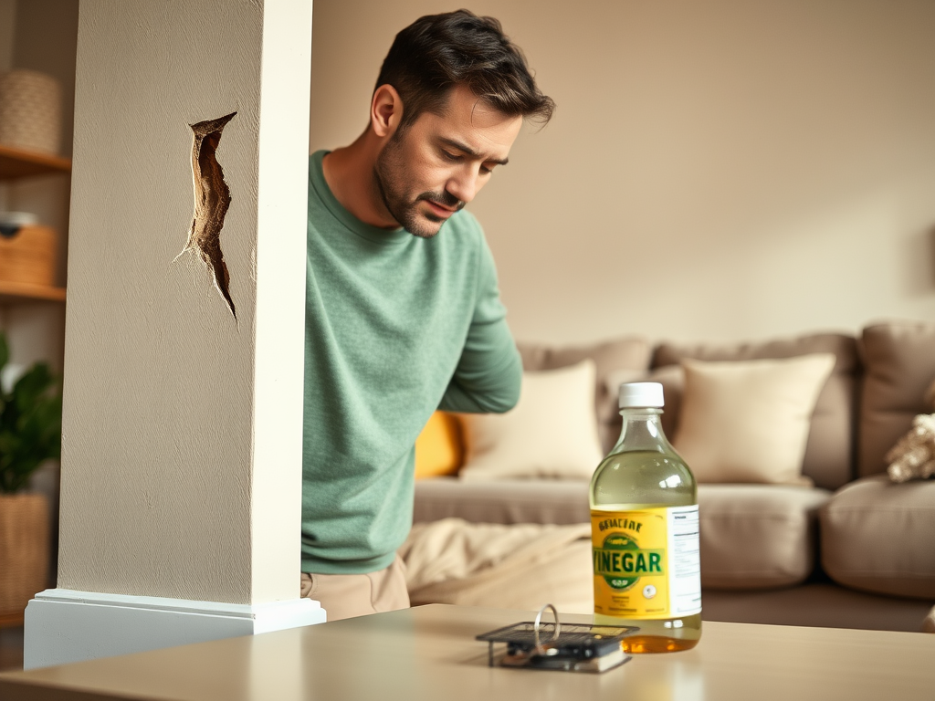 A man inspects a damaged wall next to a bottle of vinegar and a mouse trap on a coffee table in a cozy living room.