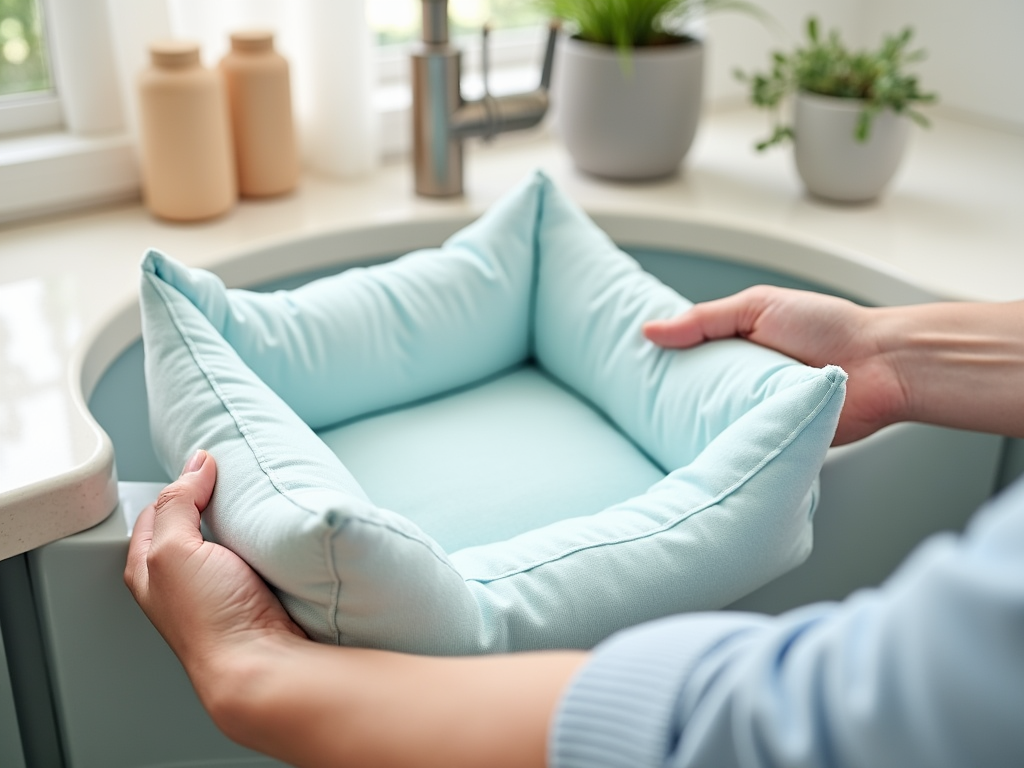 Hands adjusting a light blue star-shaped cushion in a cozy, modern kitchen setting.