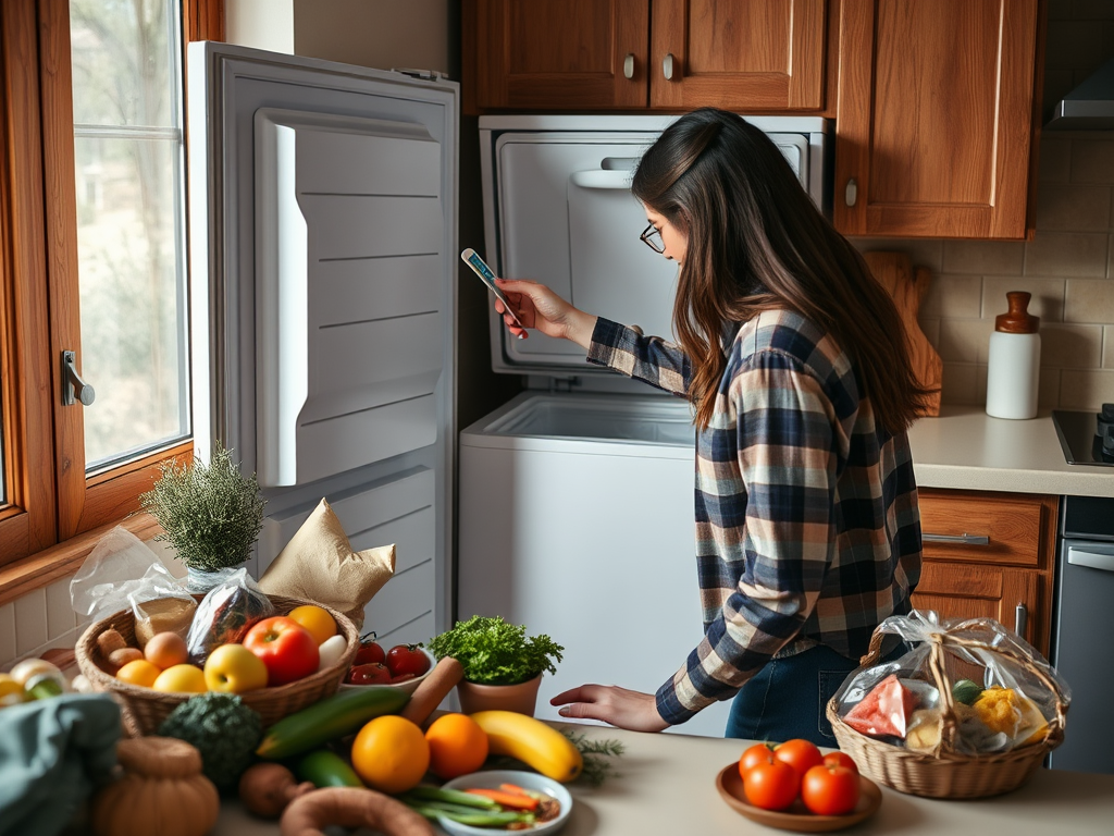 A woman checks her phone while standing next to an open freezer in a kitchen filled with fresh groceries.