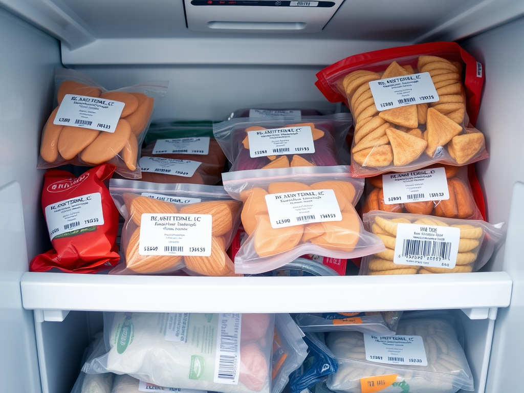 A freezer filled with various packaged food items, including different shapes and sizes of frozen products.