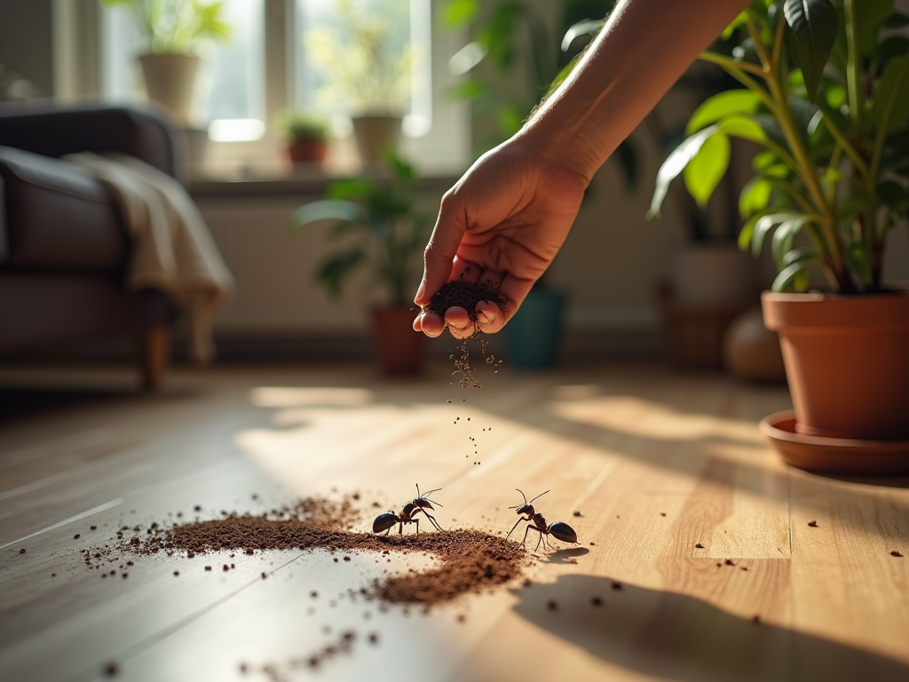 Hand sprinkling soil onto a pile with two beetles crawling, in a sunlit living room.