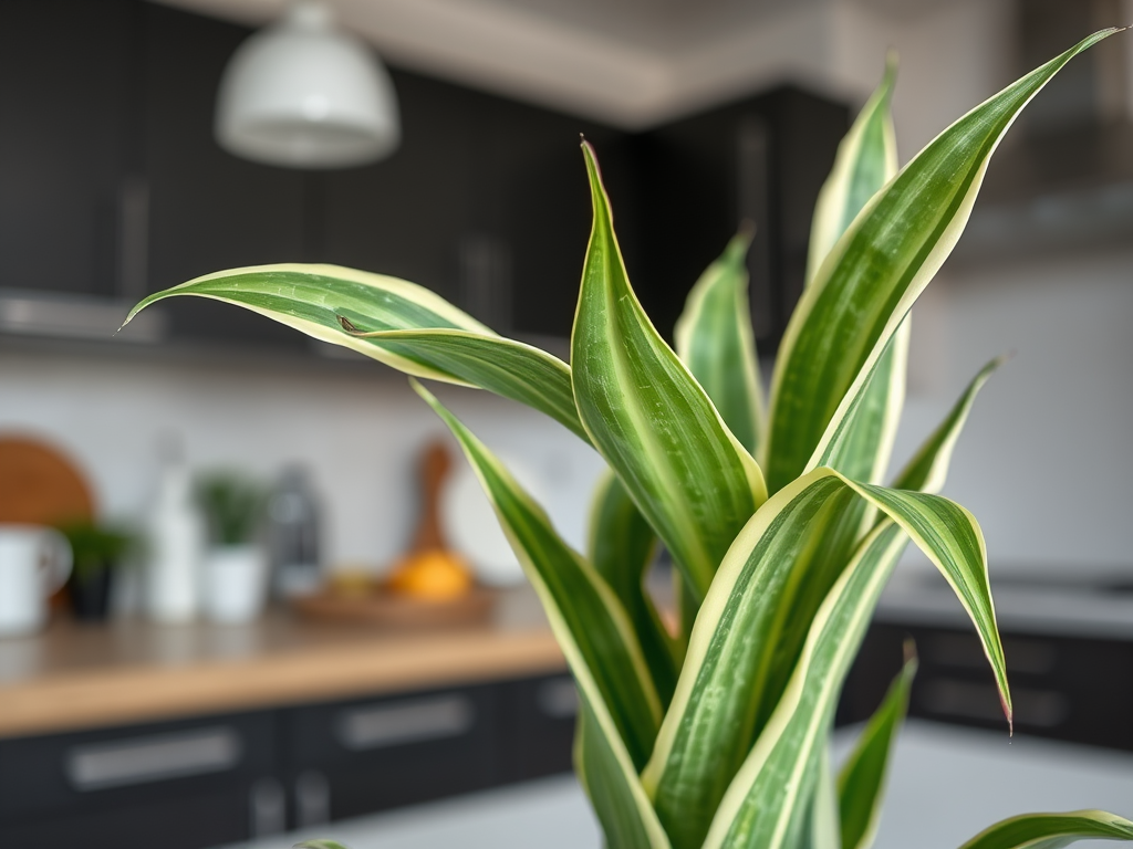 A close-up of a green and cream-striped plant, with a blurred kitchen background featuring wooden accents.