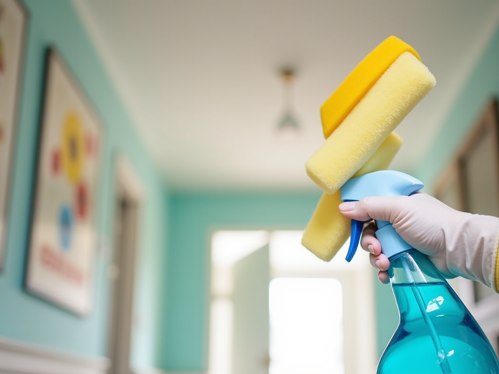 Close-up of a hand in a glove holding a spray bottle and sponge, poised for cleaning in a vibrant hallway.