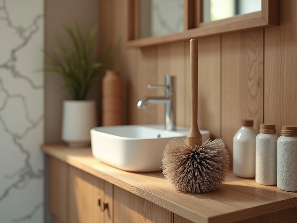 Close-up of a wooden toilet brush on a bathroom countertop with a sink and ceramic dispensers.