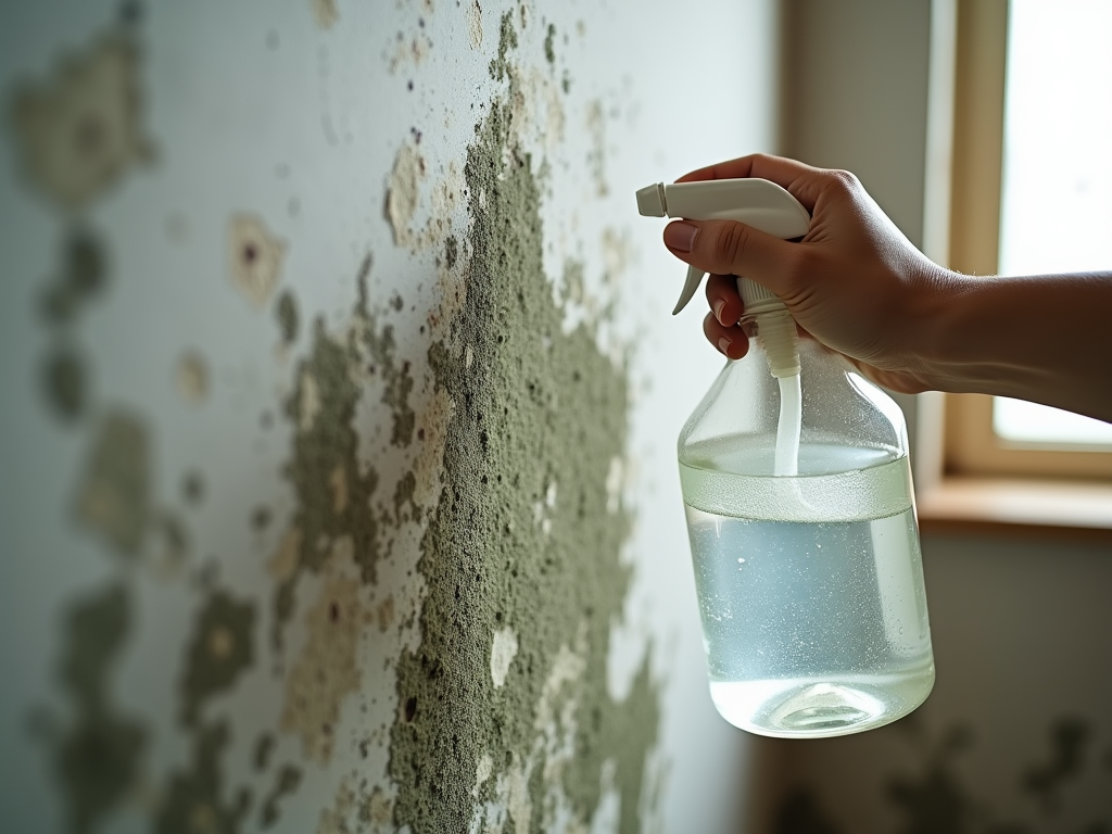 Hand holding a spray bottle targeting mold on a wall near a window.