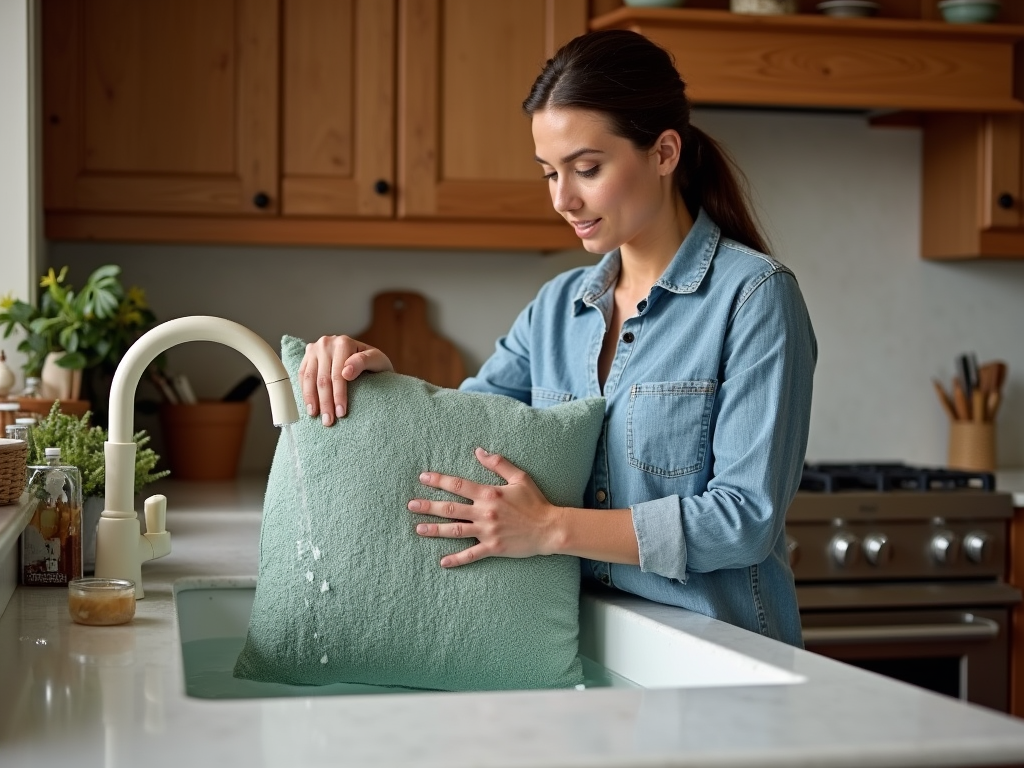 Woman cleaning a green cushion under a kitchen tap, with potted plants in the background.