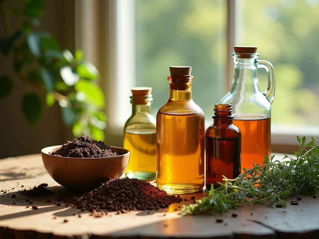 Glass bottles of various oils with coffee grounds and beans on a sunny windowsill.