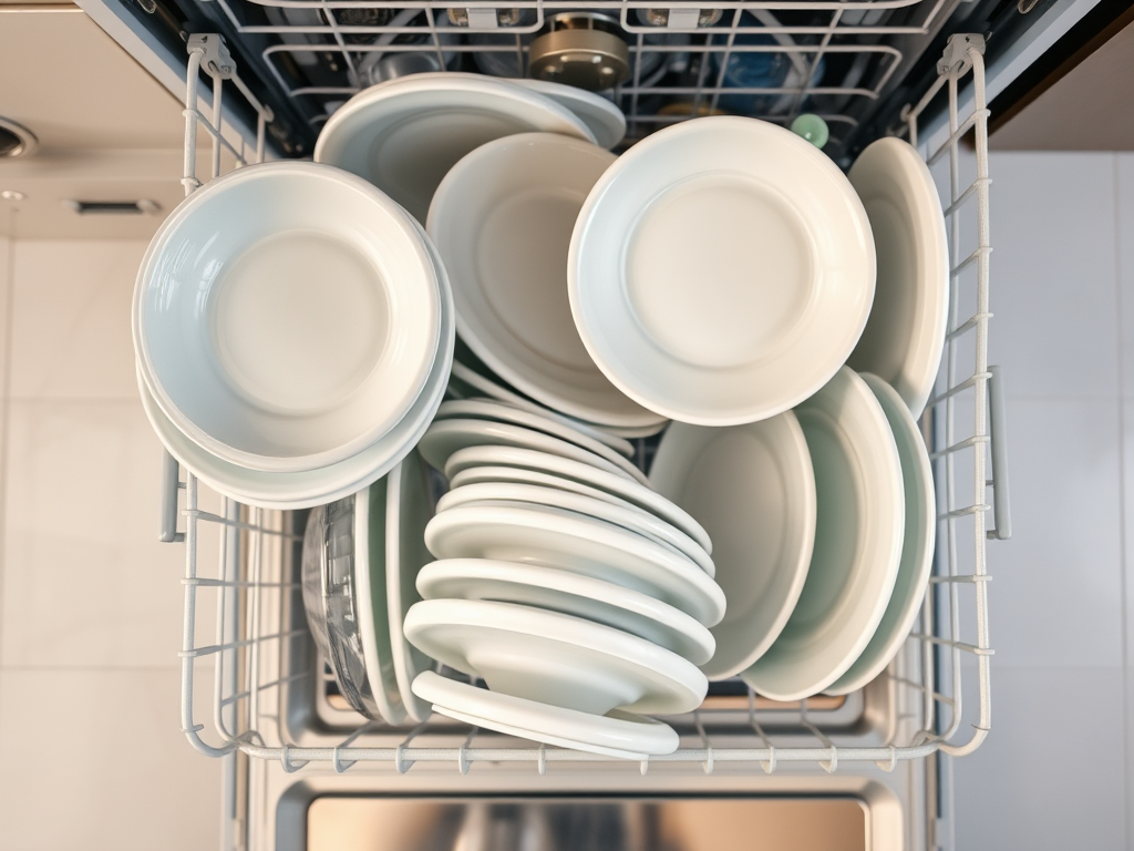 A top view of a dishwasher filled with neatly stacked white plates.