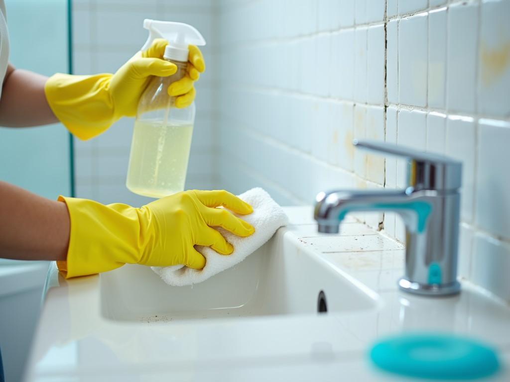 Hands in yellow gloves cleaning a dirty bathroom sink with a spray bottle and sponge.