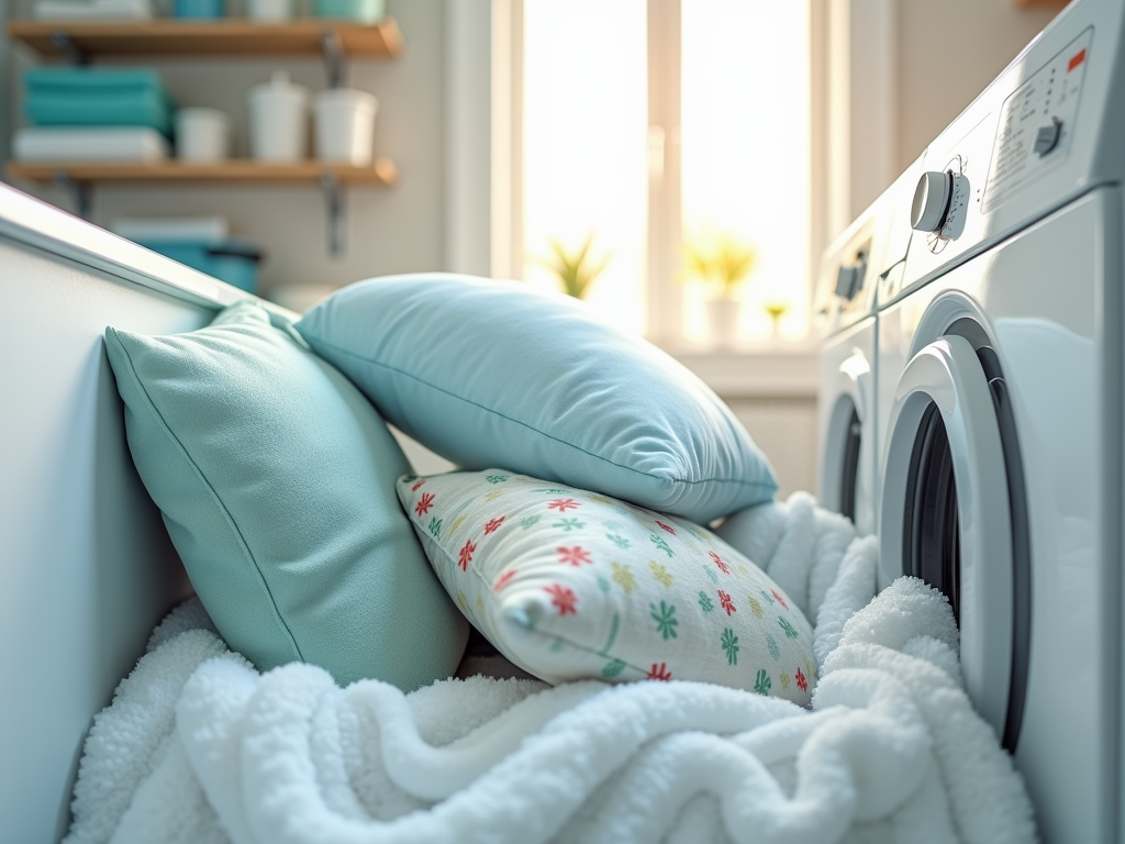 Pillows and blanket spilling out of a washing machine in a bright laundry room.