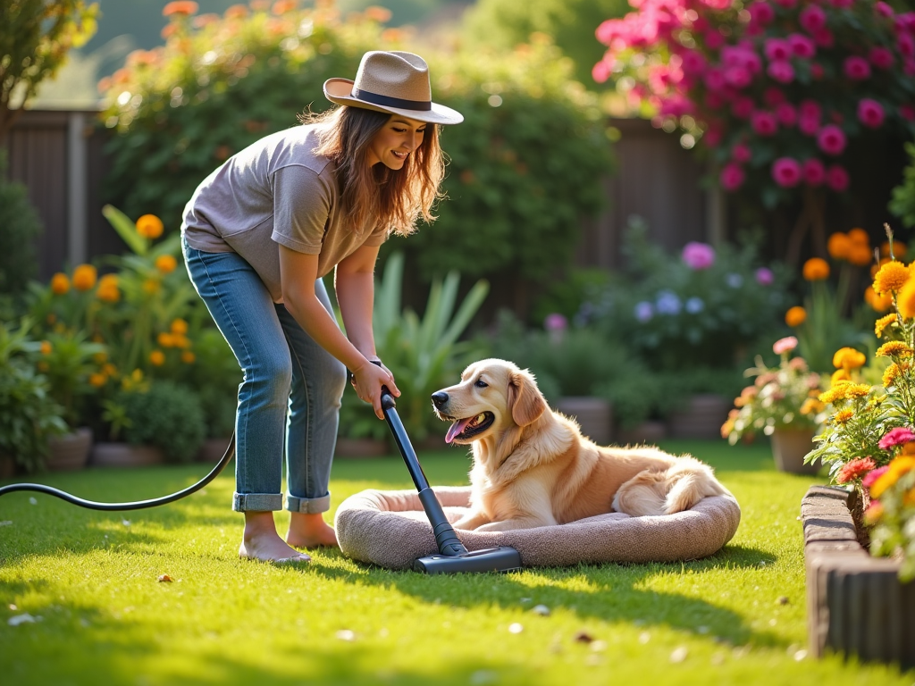 Woman in hat vacuuming rug with golden retriever in sunny garden.