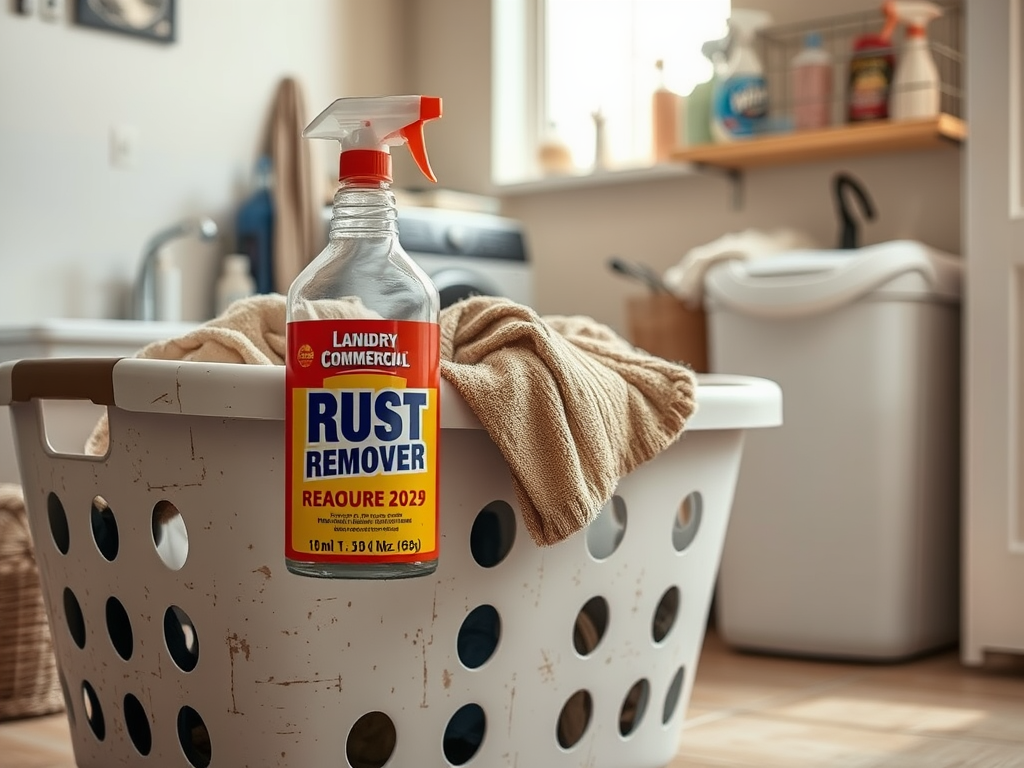 A laundry basket filled with towels, featuring a spray bottle of rust remover in a bright room.