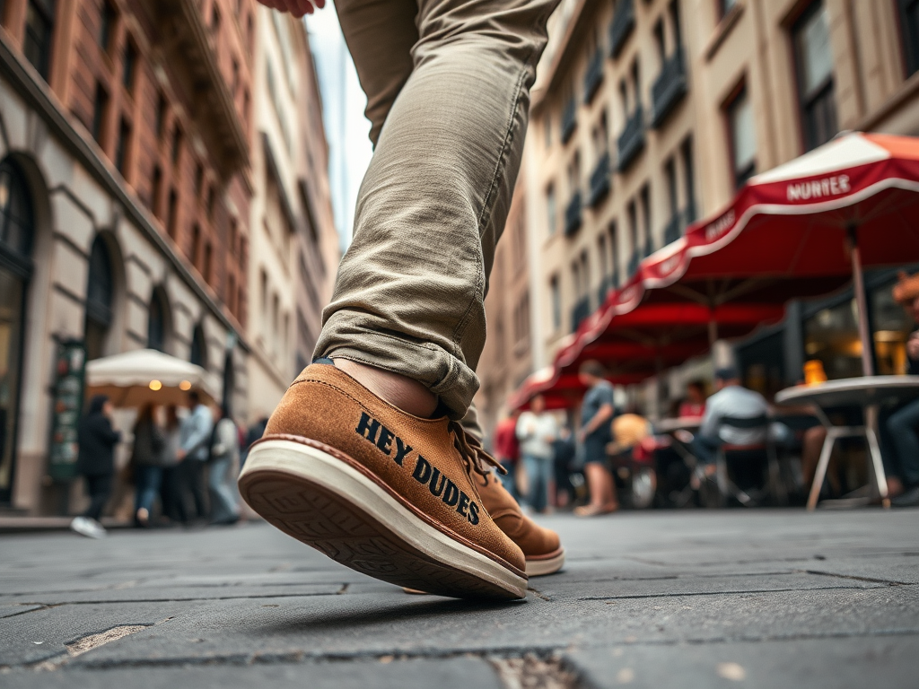 A person's foot wearing tan shoes with "HEY DUDES" printed, walking on a cobblestone street in a lively city scene.