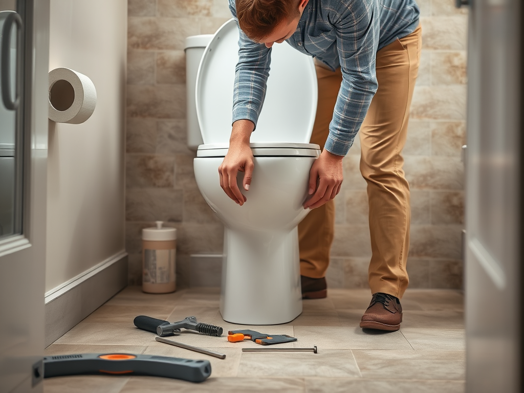 A person in a checked shirt fixes a toilet, tools scattered on the floor in a modern bathroom.