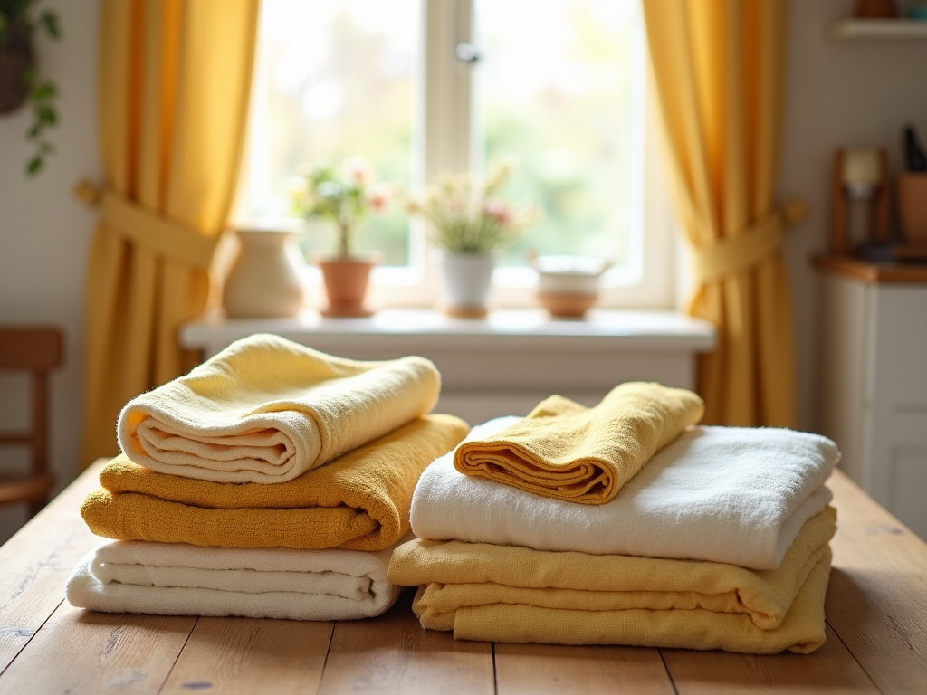 Stacks of yellow and white towels on a wooden table, bathed in sunlight near a window with yellow curtains.