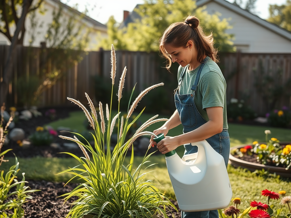 A woman in overalls waters plants in a vibrant garden filled with flowers on a sunny day.