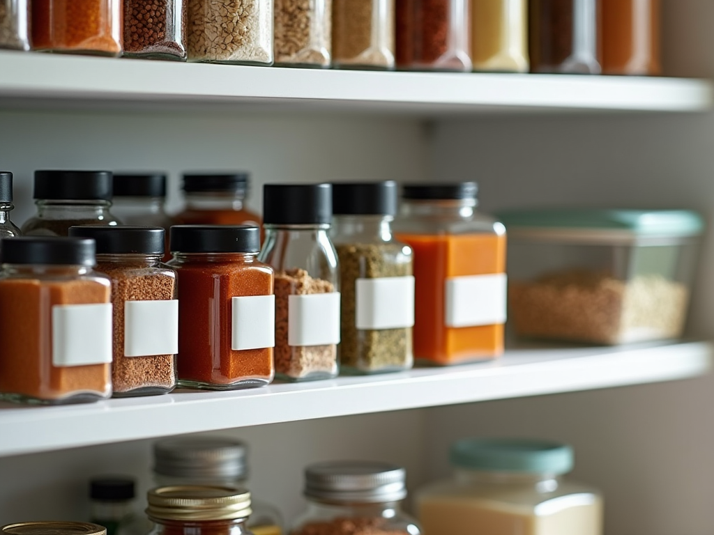 Neatly arranged spice jars with blank labels on kitchen shelves.