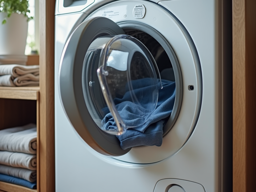 Modern front-loading washing machine with blue clothing inside, set next to a wooden shelf with folded towels.