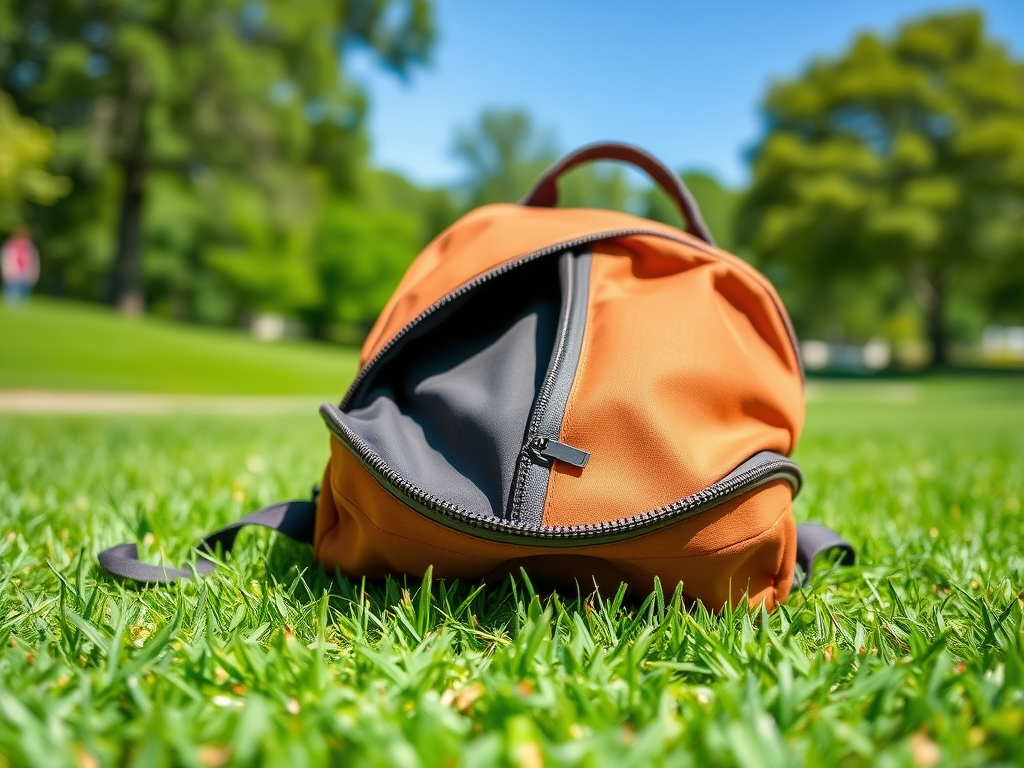 An orange backpack with an unzipped pocket is placed on green grass in a sunny park setting.