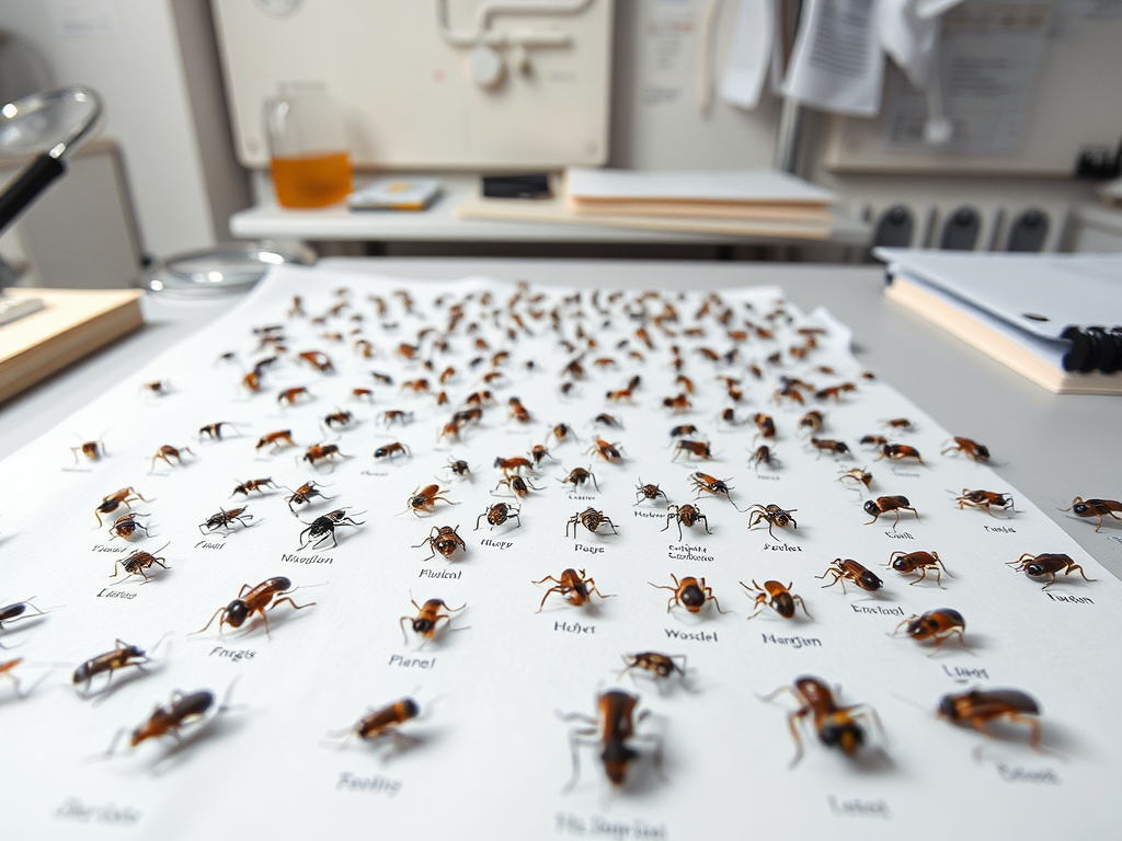 A collection of mounted insects arranged on a sheet, labeled with their names, displayed on a work surface.