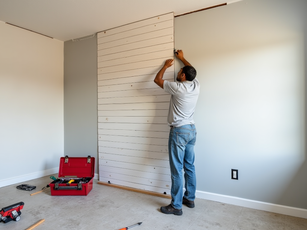 Man installing wooden panels on a wall, with tools on floor.