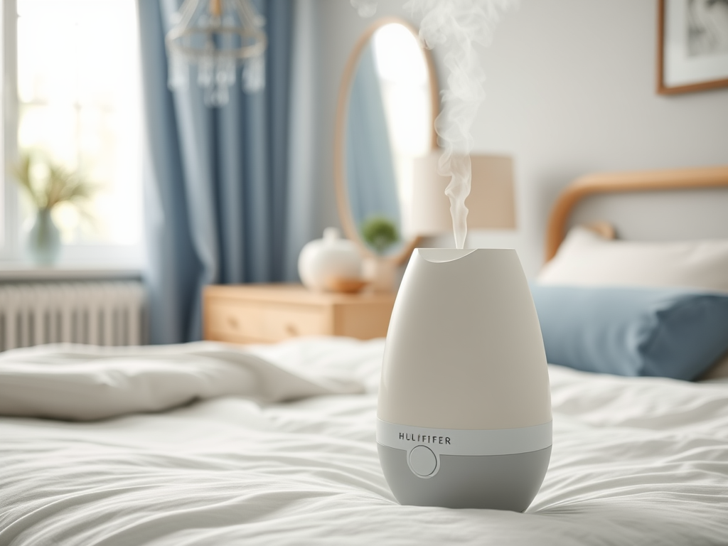 A modern humidifier emits steam on a neatly made bed in a bright, cozy bedroom with natural light.