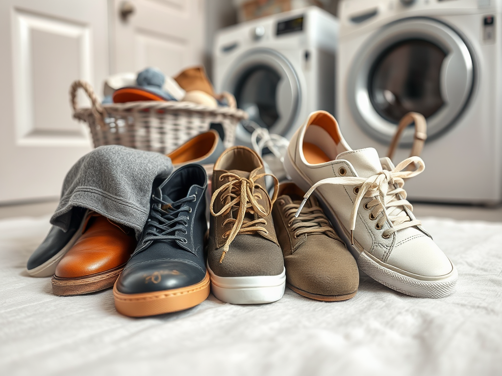 A variety of shoes arranged on a floor near a laundry basket, with washing machines in the background.