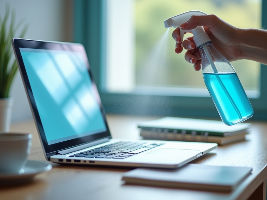 Hand spraying disinfectant on a laptop in a well-lit room.