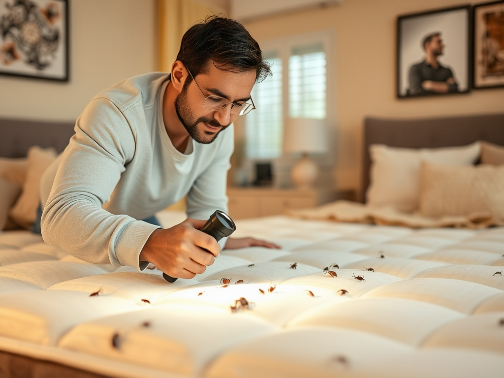 A man inspects a mattress with a flashlight, discovering bugs on the surface in a well-lit bedroom.