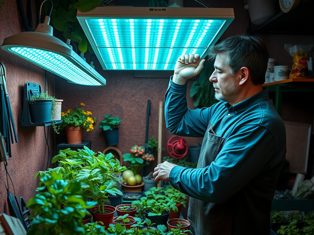 A man inspects plants under bright LED grow lights in a lush indoor garden setting.