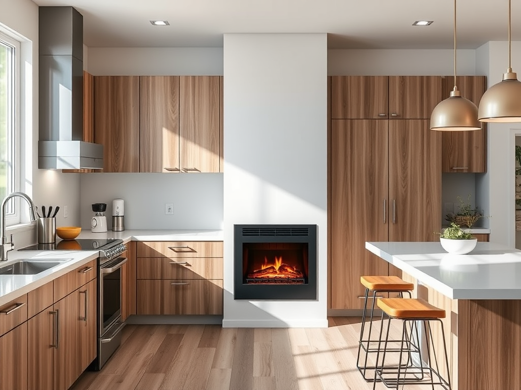 A modern kitchen with wooden cabinets, a fireplace, and bar stools, illuminated by natural light from large windows.